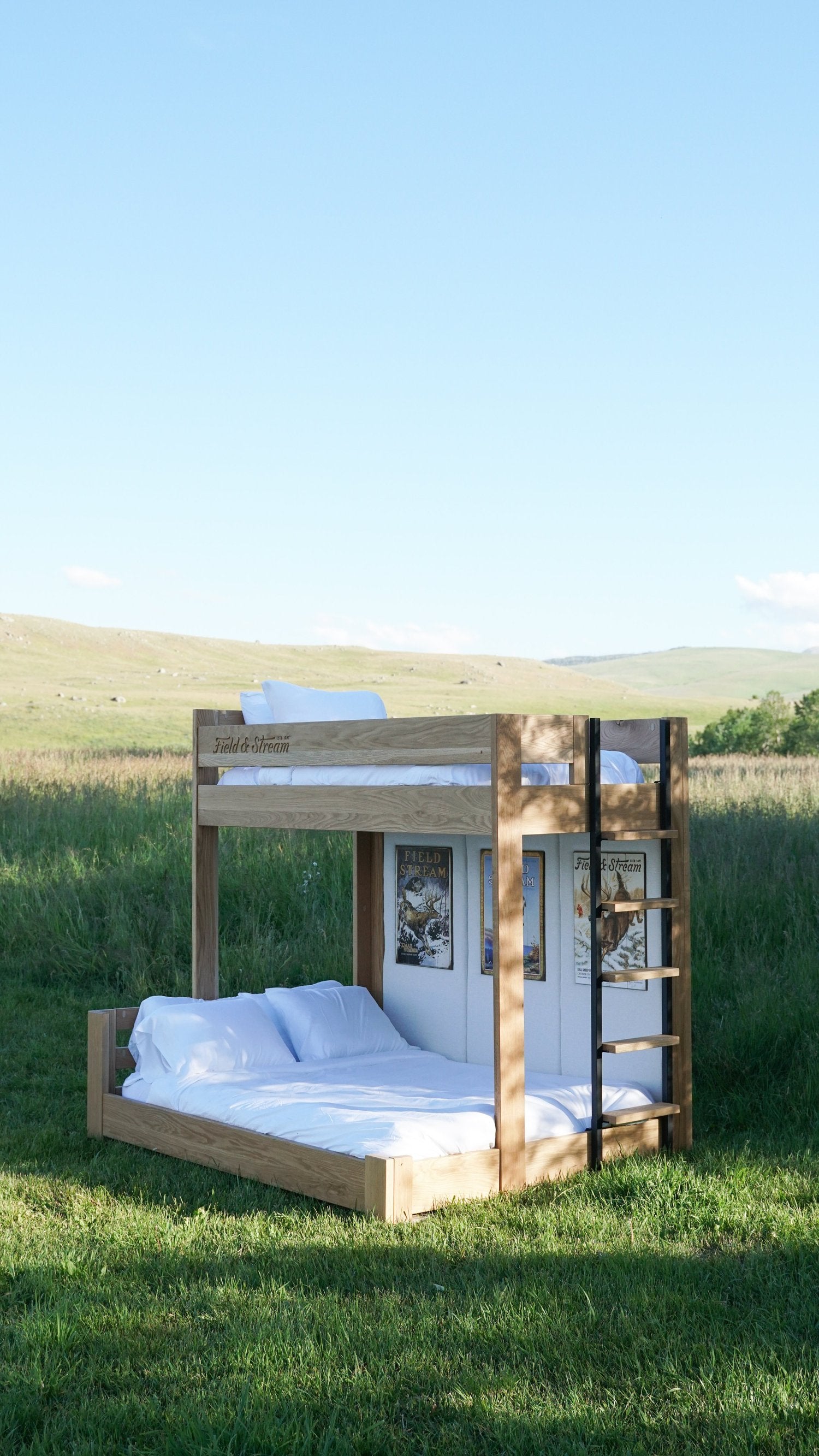 Field and Stream Stackable bunk bed in Buckskin with upholstered side wall and whitetail deer signs